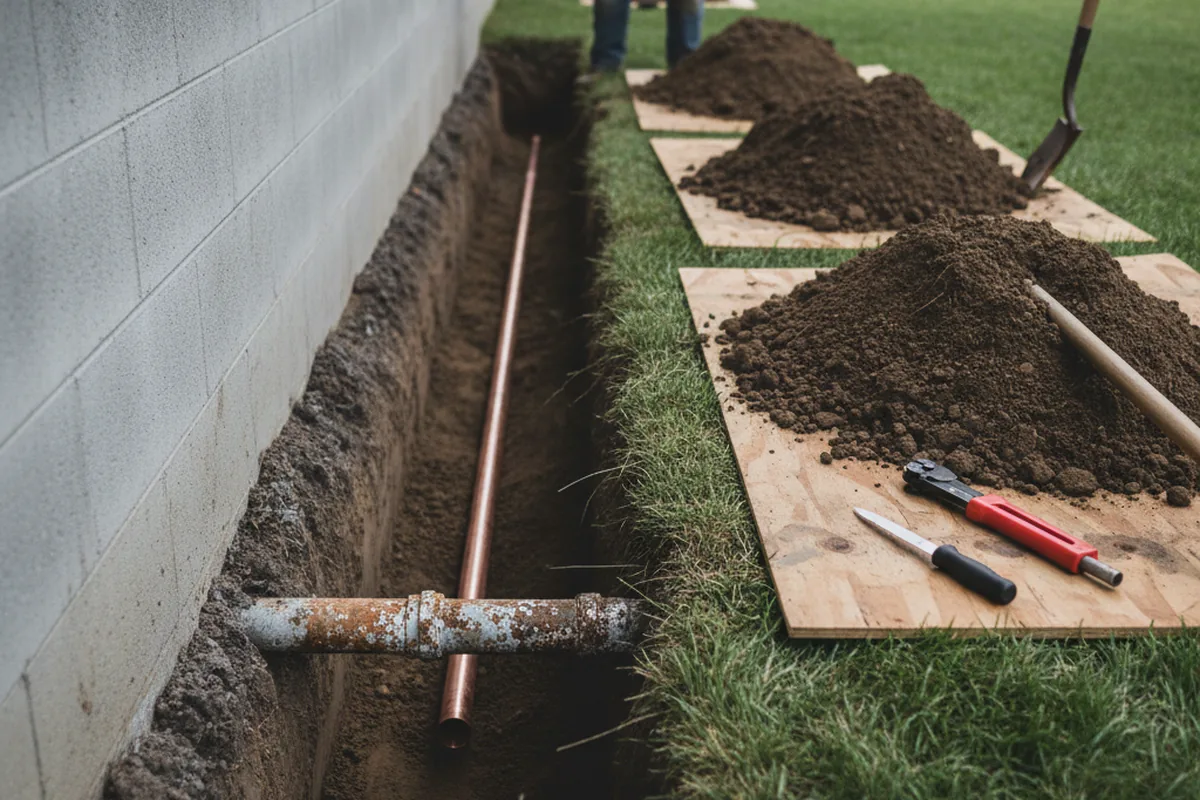Excavated water line trench during Sewer Line Repair in Montague